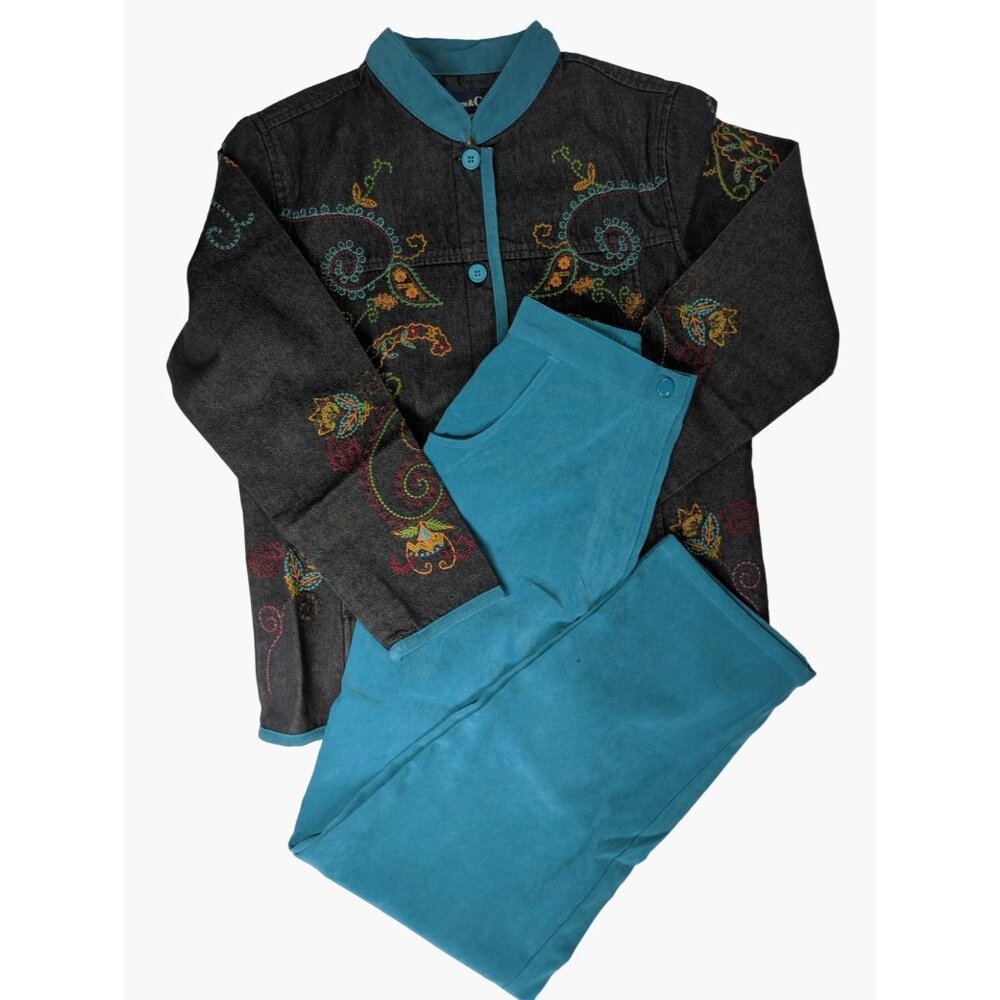 Denim & Co Vintage Embroidered Denim Jacket Pants Set Small QVC NEW